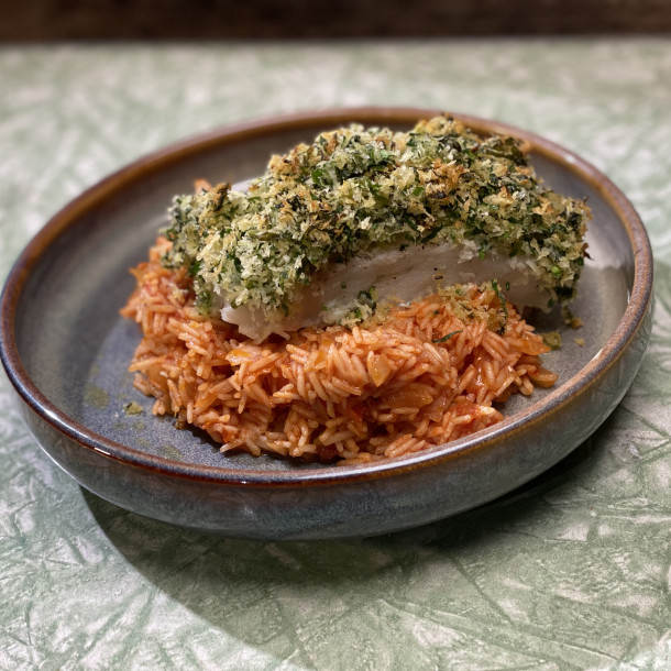 Arroz de tomate, cabillaud croûte d’herbes de Loïc Fou de Cuisine