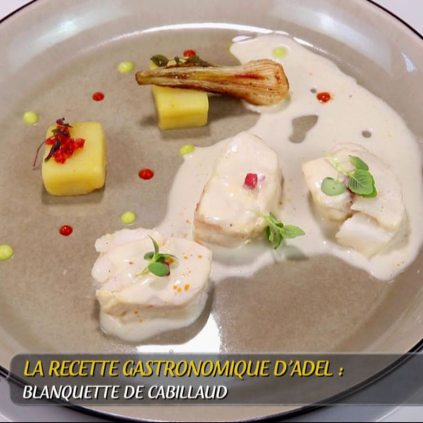 Blanquette de cabillaud au chorizo, pommes fondantes, purée de courgettes et oignons caramélisés