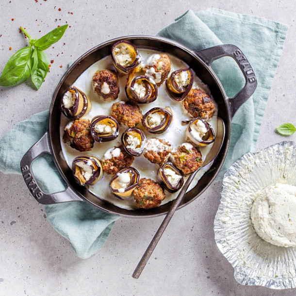 Boulettes d’agneau et aubergines grillées au Boursin® Ail & Fines herbes