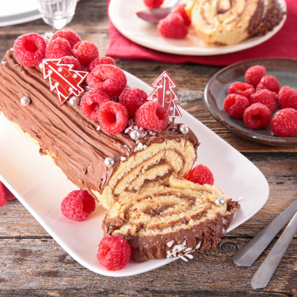 Bûche aux noisettes, chocolat et framboises