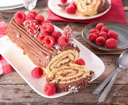 Bûche de Noël au chocolat et gelée de framboise