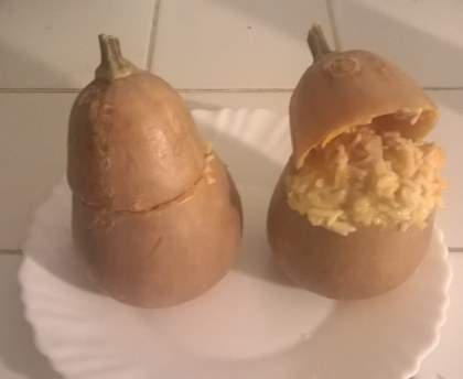 Butternut farci au poisson, riz et lait de coco