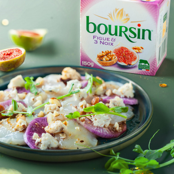 Carpaccio de Saint Jacques et betterave à l’huile de noisette et Boursin figue et noix