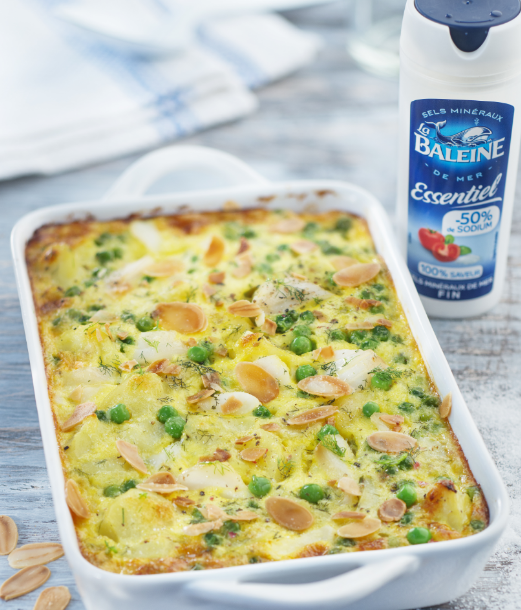 Clafoutis de poisson pommes de terre  et petits pois – La Baleine Essentiel