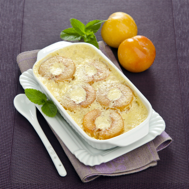 Clafoutis mirabelles et poudre d’amande