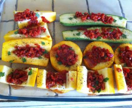 Courgettes à la provencale et compotée de poivron rouge