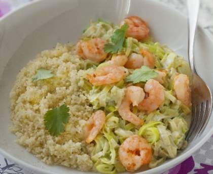 Crevettes aux poireaux