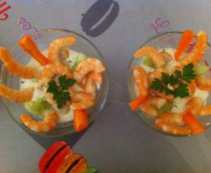 Crevettes et petits légumes au fromage blanc