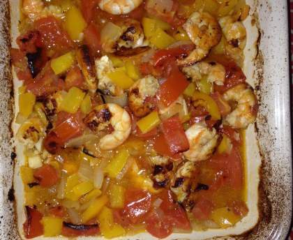 Crevettes poivron tomates au four