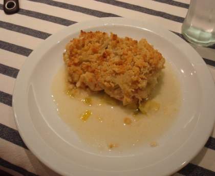 Crumble poireaux, saumon et St Jacques