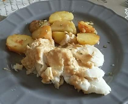 Dos de cabillaud à la crème de gingembre et pommes de terre au vinaigre de framboises