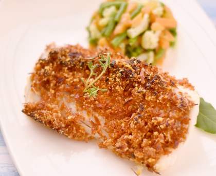 Dos de cabillaud et son crumble de chorizo au parmesan