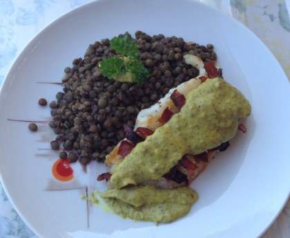 Dos de cabillaud, sauce curry-lentilles chorizo