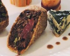 Duo de bœuf en croûte de noix, millefeuille de blettes