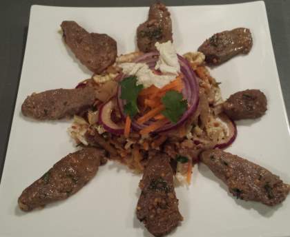Emincé de canard mariné et cru-cuit de légumes