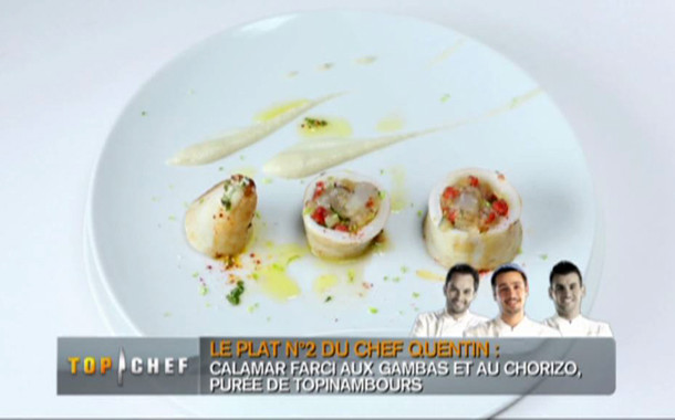 Encornets farcis au chorizo et au fenouil, purée de topinambour