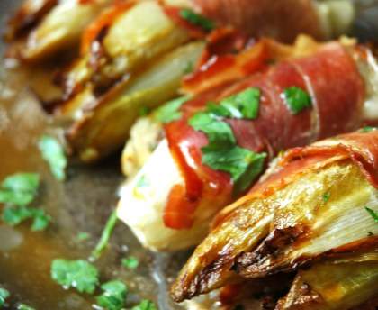 Endives braisées au jambon, farcies aux cinq viandes