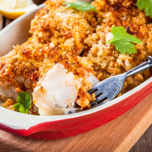 Filet de colin et son crumble chorizo et parmesan Tupperware