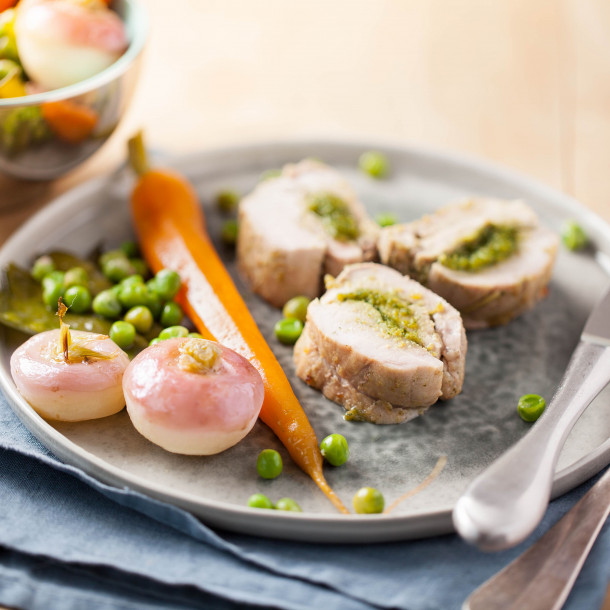 Filet mignon au pesto et petits légumes