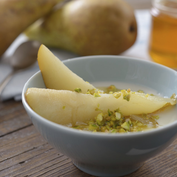Fromage blanc au poires et aux éclats de pistache 