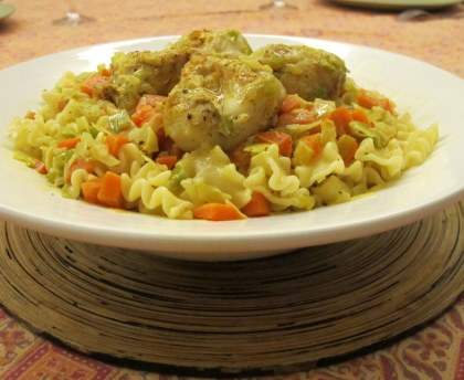 Fusilli aux joues de cabillaud et légumes