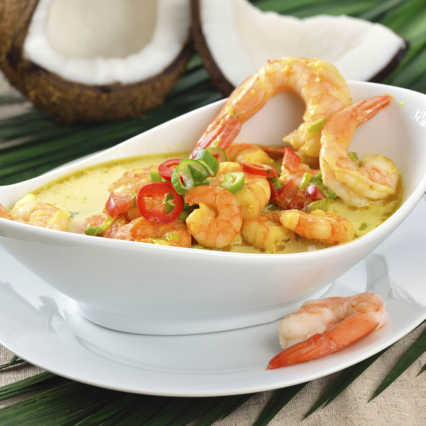 Gambas au lait de coco et petits légumes
