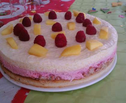 Gâteau de fête à la mousse de mangue et framboise