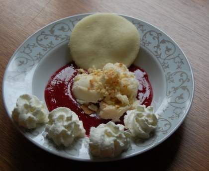 Glace vanille sur coulis de framboises et son biscuit