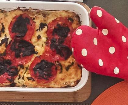 Gratin de chou-fleur au comté, chorizo et tapenade