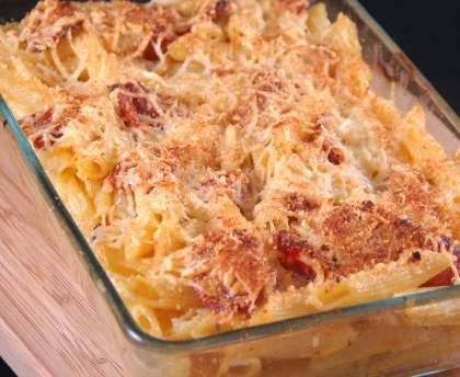 Gratin de pâtes au chorizo et curry