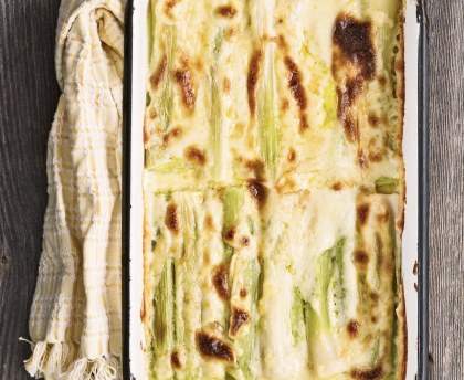 Gratin de poireaux aux roquefort et noix