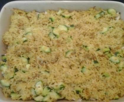 Gratin de poisson, courgettes et riz au curry