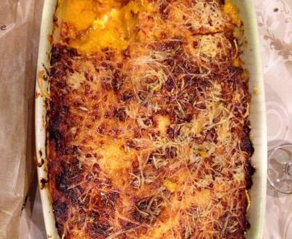 Gratin de potimaron aux lardons, chèvre et poivron