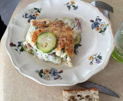 Gratin de ravioles jambon courgettes