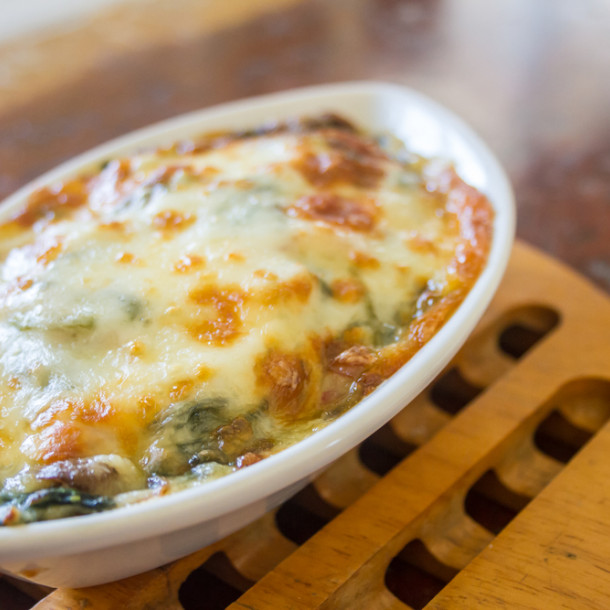 Gratin de saumon, épinards et riz