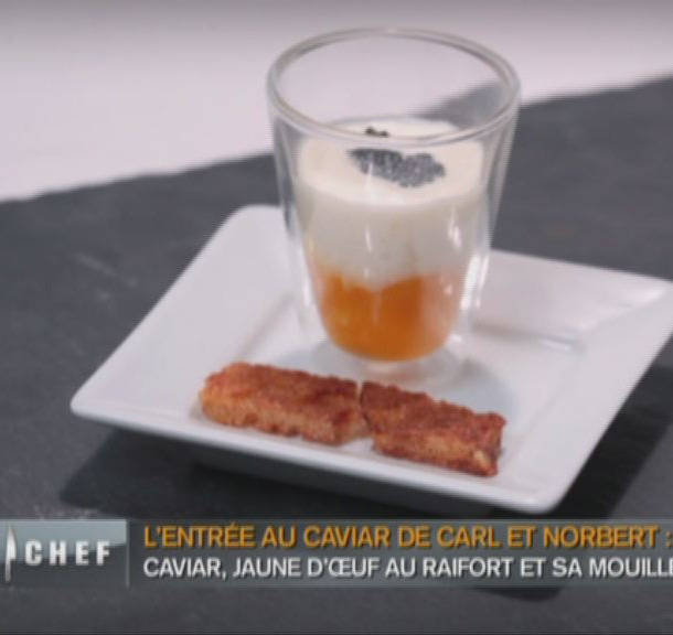 Jaune mi cuit, raifort, caviar, ratte