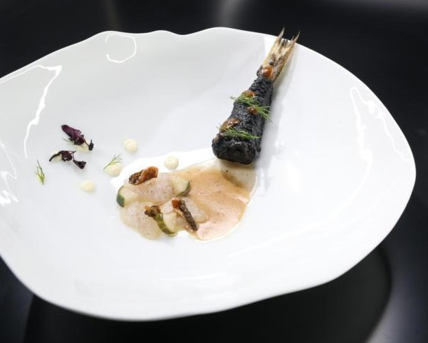 La vive "no chips", praliné aux arêtes, fumet aux herbes