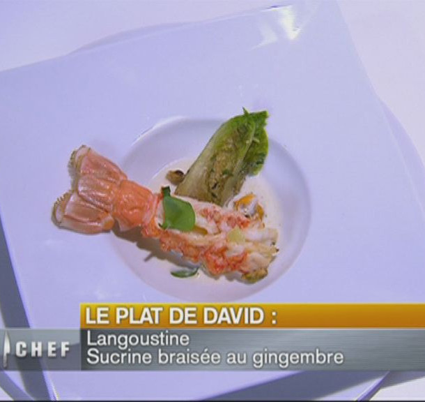Langoustine rôtie, crémeux d'ail. Saucisses braisées au gingembre
