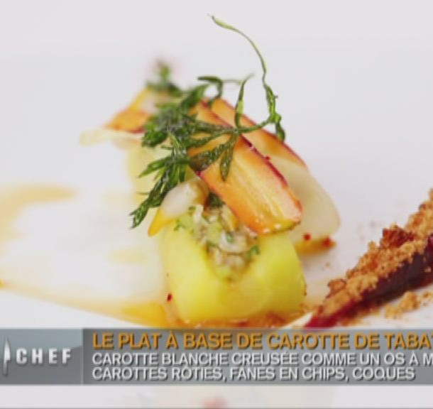 L'os à moelle de carotte blanche, farci à la brunoise de coque, jus de carotte réduit au vinaigre de xérès