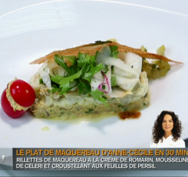 Millefeuille de maquereau, céleri et radis, vinaigrette de rhubarbe