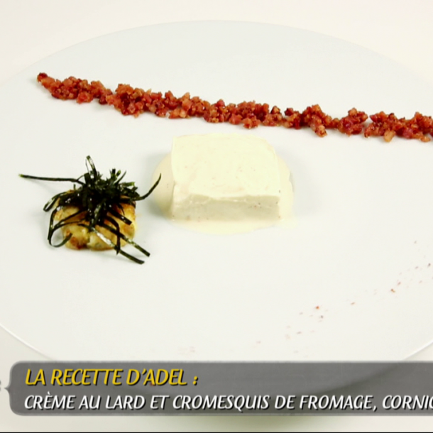 Mousse de lard fumé, crunchy de lardons et cromesquis de fromage aux cornichons