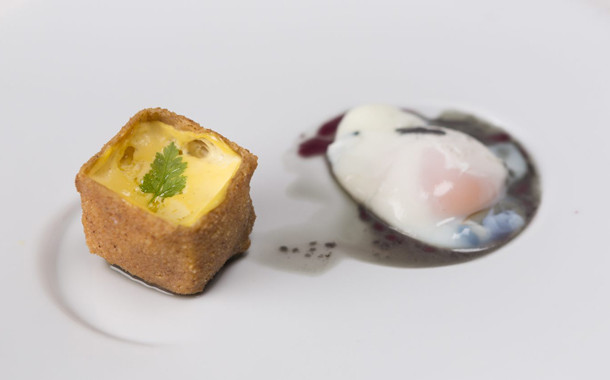 Oeuf marbré et coquetier frit et siphon brouillade