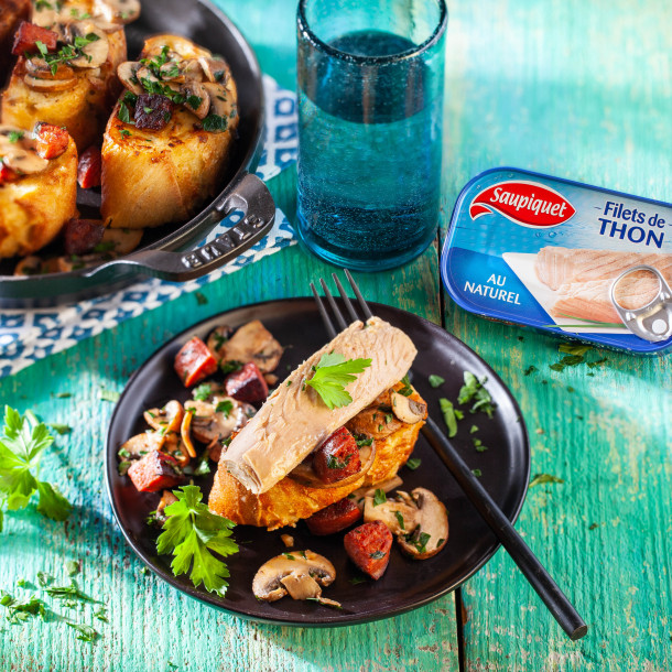 Pain perdu aux champignons, chorizo et Filets de thon au Naturel