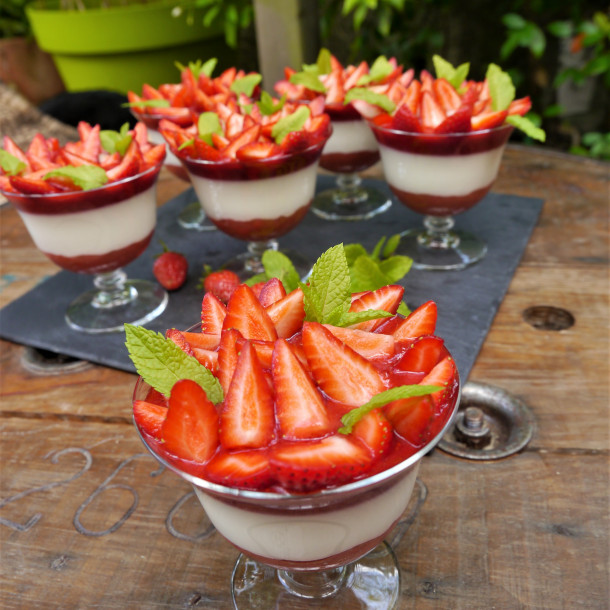 Panna cotta à la menthe, rhubarbe et fraises dans tous ses états