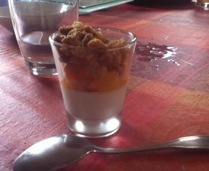 Panna cotta des îles : chocolat blanc, mangue et crumble