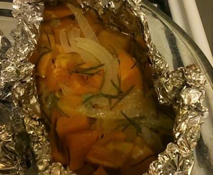 Papillote de patate douce au citron vert et ciboulette