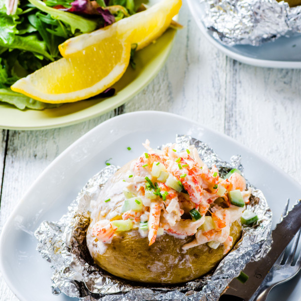 Papillotes de pommes de terre aux crevettes et chèvre frais