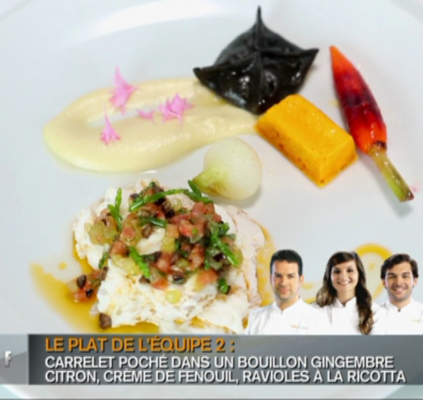 Pêche du jour à partager, raviole de sèche fumée, petits légumes, crème de fenouil et sa vierge