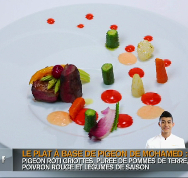 Pigeon rôti griottes, purée de pommes de terre poivron rouge et légumes de saison