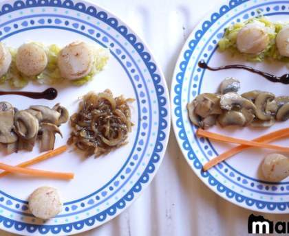 Poêlée de Saint-Jacques sur son lit de poireaux avec ses oignons caramélisés et ses champignons